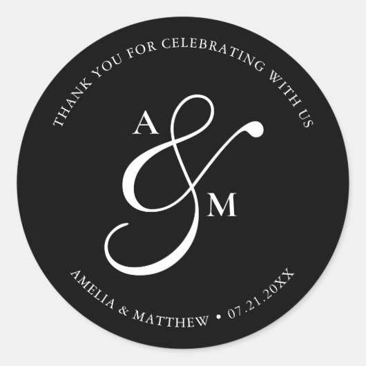 Minimalist Script Monogram Wedding Black Ronde Sticker (Voorkant)