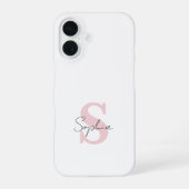 Minimalist Script Name and Pink Monogram Initial iPhone 16 Hoesje (Achterkant)