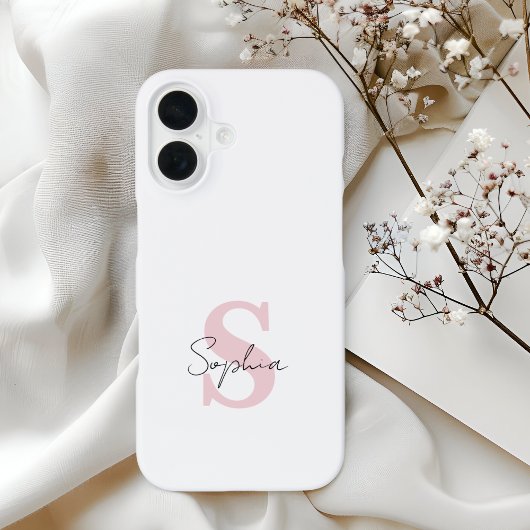 Minimalist Script Name and Pink Monogram Initial iPhone 16 Hoesje