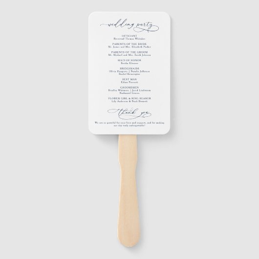Minimalist Script Navy Blue Wedding Program Handwaaier (Achterkant)