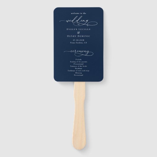 Minimalist Script Navy Blue Wedding Program Handwaaier (Voorkant)