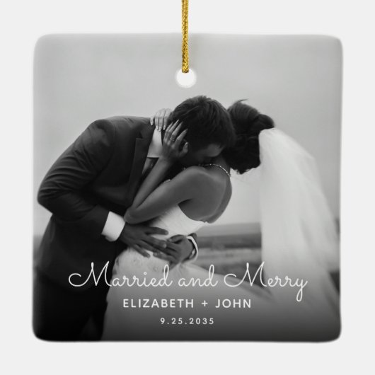 Minimalist Script Photo Black and White Married Keramisch Ornament (Achterkant)