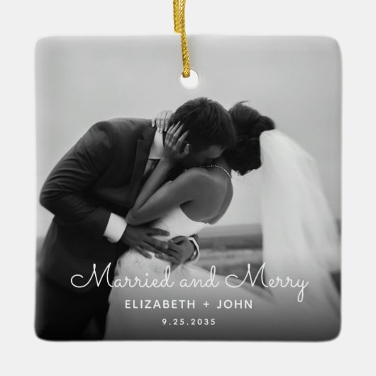 Minimalist Script Photo Black and White Married Keramisch Ornament (Voorkant)