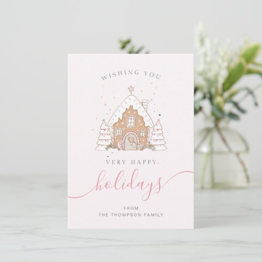 Minimalist Script Pink House Christmas Flat  Feestdagenkaart (Staand voorkant)