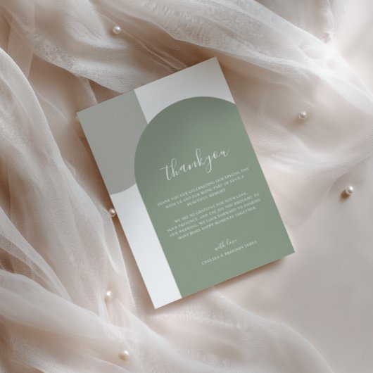Minimalist Script Retro Boho Green Arch Wedding Bedankkaart