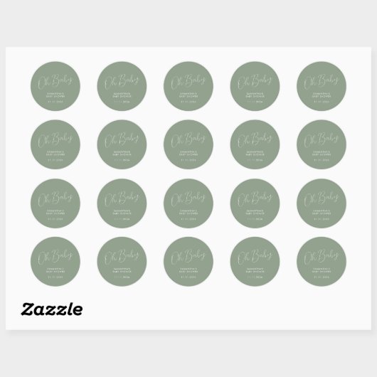 Minimalist Script Sage Green Oh Baby Ronde Sticker (Vel)