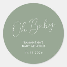 Minimalist Script Sage Green Oh Baby Ronde Sticker