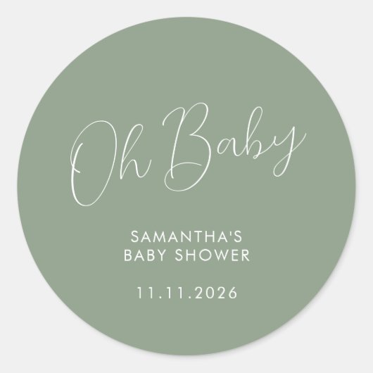 Minimalist Script Sage Green Oh Baby Ronde Sticker (Voorkant)