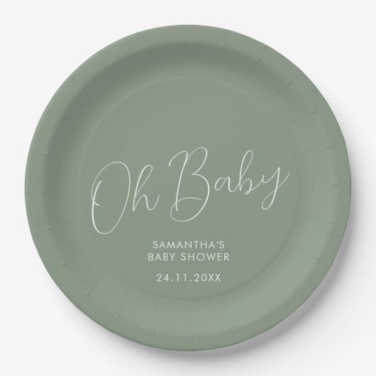 Minimalist Script Sage Green Oh Baby Shower date Papieren Bordje (Voorkant)