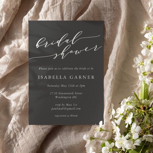 Minimalist Script Soft Black White Bridal Shower Kaart