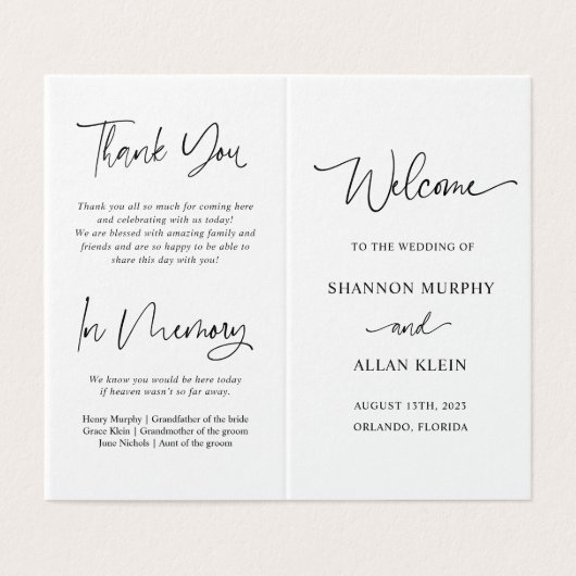 Minimalist Script Wedding Ceremony Program Kaart (Buitenkant ongevouwen)