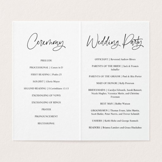 Minimalist Script Wedding Ceremony Program Kaart (Binnenkant ongevouwen)