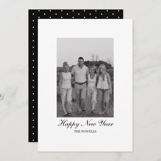 Minimalist Script with Polka Dots Happy New Year  Feestdagenkaart (Voorkant / Achterkant)