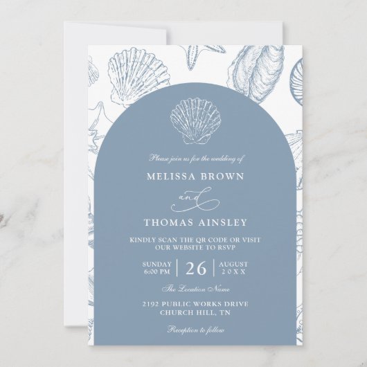 Minimalist Sea Shells Beach Budget QR Code Wedding Kaart (Voorkant)