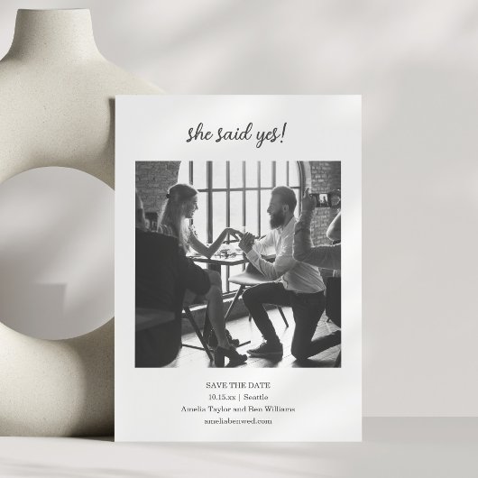 Minimalist She Said Yes Photo Fun Wedding Couple Save The Date
