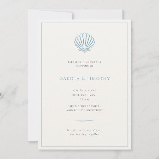 Minimalist Simple Blue Seashell Wedding invitation Kaart (Voorkant)