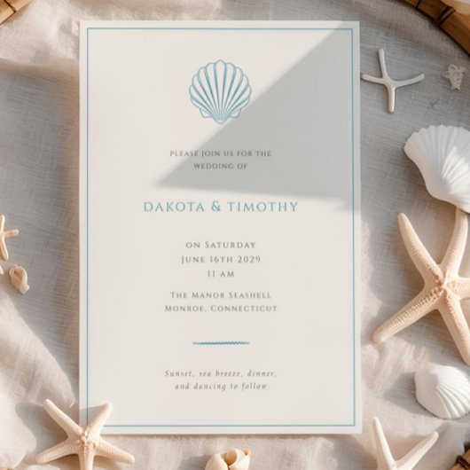 Minimalist Simple Blue Seashell Wedding invitation Kaart