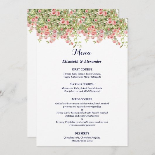 Minimalist Simple Pretty rose vine floral wedding Menu (Voorkant / Achterkant)