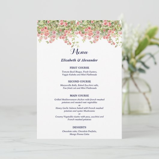 Minimalist Simple Pretty rose vine floral wedding Menu (Staand voorkant)