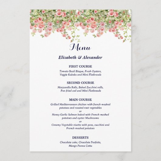 Minimalist Simple Pretty rose vine floral wedding Menu (Voorkant)