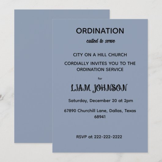 Minimalist Slate Blue Ordination Invitation Kaart (Voorkant / Achterkant)