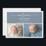 Minimalist Slate Blue Photo Baby Announcement Card Kaart<br><div class="desc">Announce the arrival of your bundle of joy with this minimalist slate blue photo baby announcement card. The design features a slate blue white space to showcase your bundle of joy's first portraits and a rectangle bordered with muted gray to add their full name, birthdate and place. Whether you’re welcoming...</div>