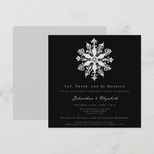 Minimalist Snowflake Rehearsal Dinner | Black Kaart (Voorkant / Achterkant)