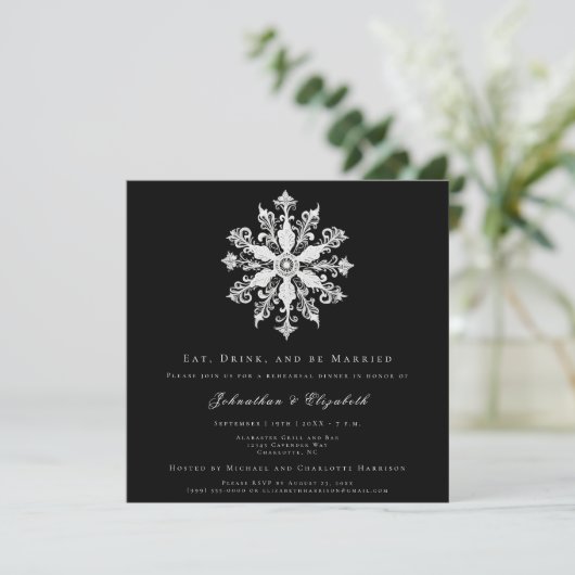 Minimalist Snowflake Rehearsal Dinner | Black Kaart (Staand voorkant)