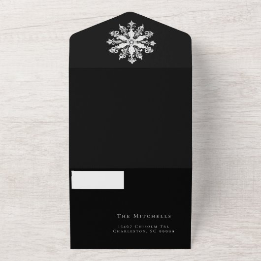 Minimalist Snowflake Wedding | Black All In One Uitnodiging (Buitenkant)