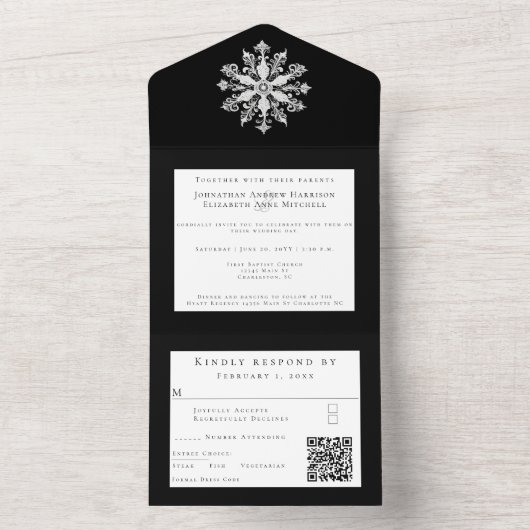 Minimalist Snowflake Wedding | Black All In One Uitnodiging (Binnen)