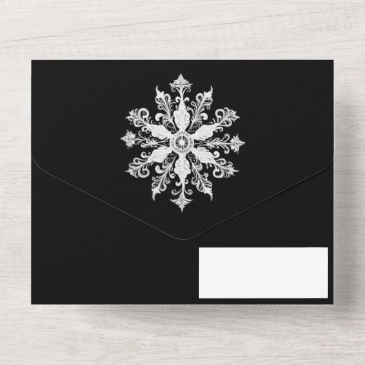 Minimalist Snowflake Wedding | Black All In One Uitnodiging (Achterkant)