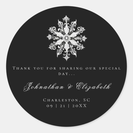 Minimalist Snowflake Wedding | Black Favor Ronde Sticker (Voorkant)