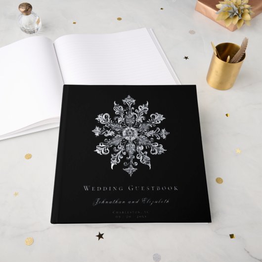 Minimalist Snowflake Wedding | Black Gastenboek (Voorkant open)