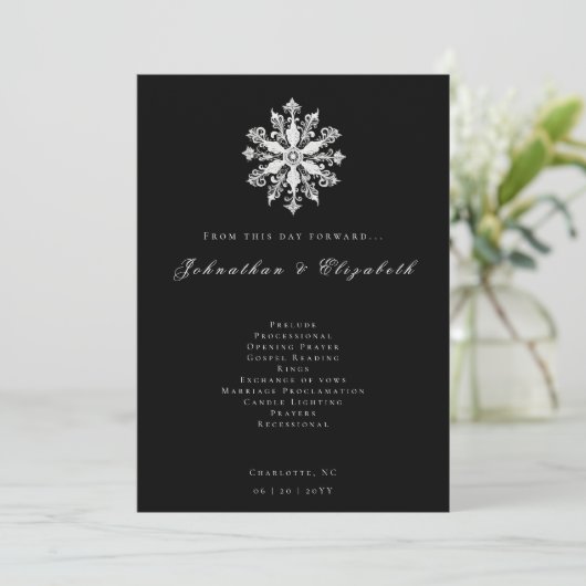 Minimalist Snowflake Wedding | Black Programmakaart (Staand voorkant)