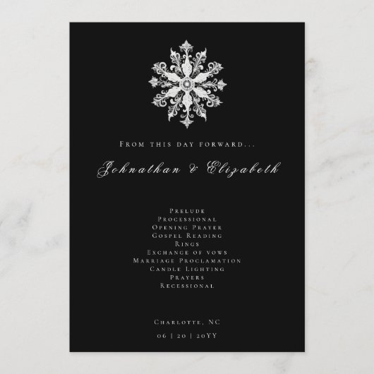 Minimalist Snowflake Wedding | Black Programmakaart (Voorkant)