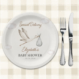 Minimalist Stork-Themed Baby Shower Neutral Papieren Bordje