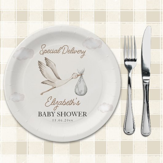 Minimalist Stork-Themed Baby Shower Neutral Papieren Bordje