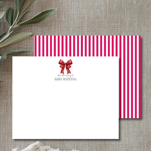 Minimalist Striped Ruby Bow Cute Nursery Note Card Notitiekaartje