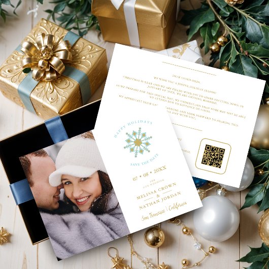 Minimalist Stylish Gold & Blue Snowflake Photo Save The Date
