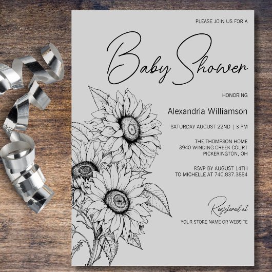 Minimalist Sunflower on Gray Baby Shower Kaart