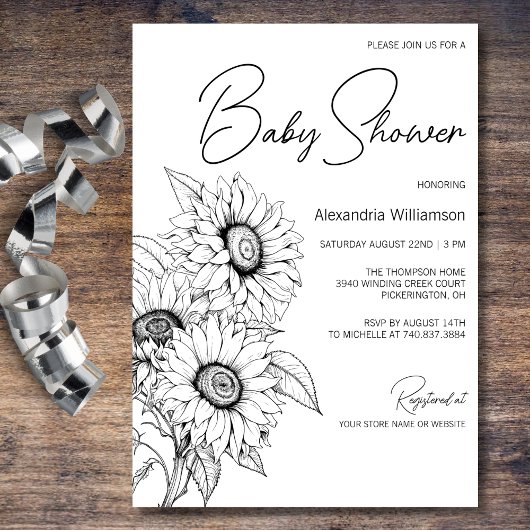 Minimalist Sunflower on White Baby Shower Kaart