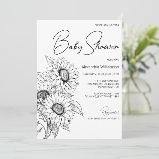 Minimalist Sunflower on White Baby Shower Kaart (Staand voorkant)