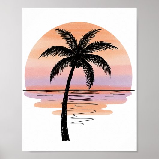 Minimalist Sunset Beach Poster – Palm Tree Ocean (Voorkant)