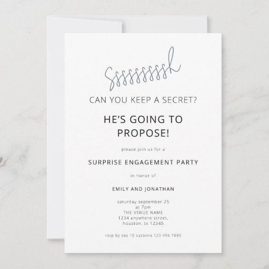 Minimalist Surprise Black White Engagement Party Kaart (Voorkant)