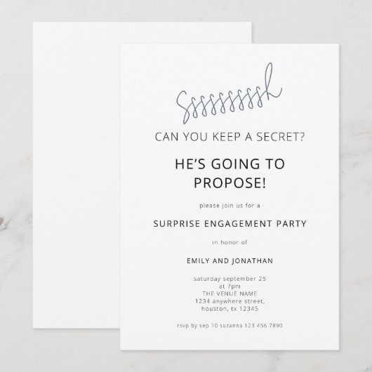 Minimalist Surprise Black White Engagement Party Kaart (Voorkant / Achterkant)