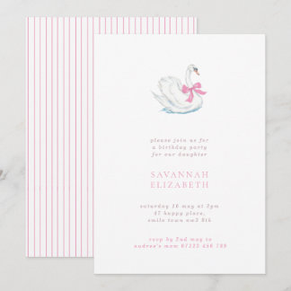 Minimalist Swan and Pink Bow Girls Birthday Party Kaart