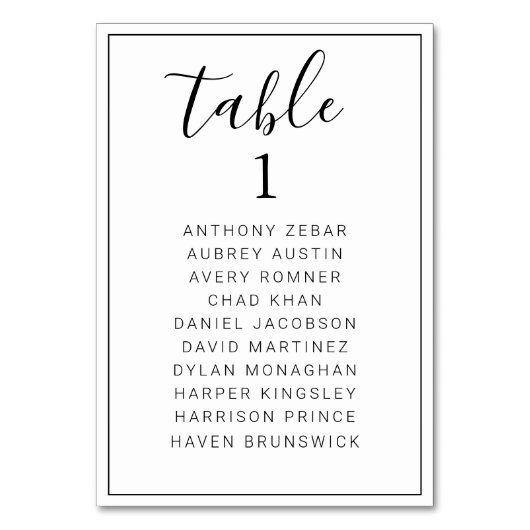 Minimalist Table Number Seating Chart Wedding Card Kaart (Voorkant)