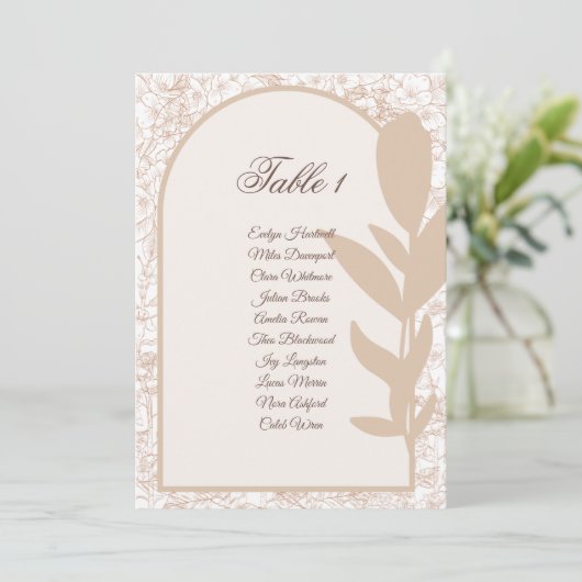 ​Minimalist Tan Botanical Arch Seating Chart Card Kaart (Staand voorkant)