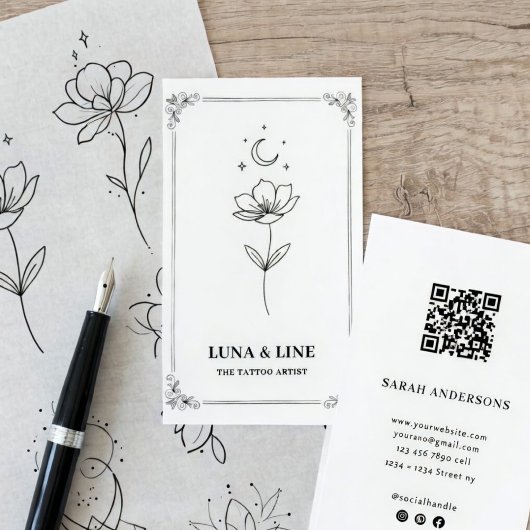 Minimalist Tattoo Artist Card with QR Code Visitekaartje