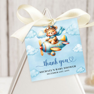 Minimalist Teddy Bear Pilot Airplane Blue Brown   Bedankjes Labels